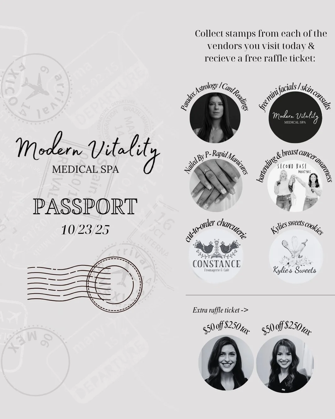 BON VOYAGE PASSPORTS ARE HERE!
Grab your Modern Vitality Passport at our Bon Voyage Party on October 23rd.
Visit all the vendors (free of charge) listed inside and you’ll earn a FREE raffle entry.
Get a tox appointment that day and you’l