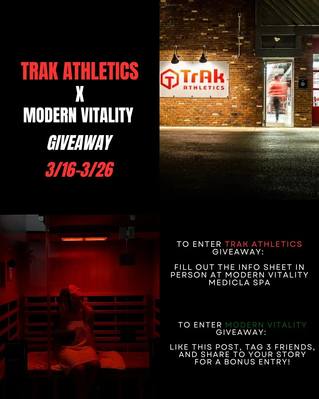 GIVEAWAY TIME with TrAk Athletics 🎉
We&rsquo;ve teamed up with TrAk Athletics in Akron for the ultimate wellness + fitness giveaway.
TrAk Giveaway Includes:
&bull; 1 Month Unlimited Group Classes
&bull; NOOMA Sports Drinks
&bull; TrAk Merch

Modern 