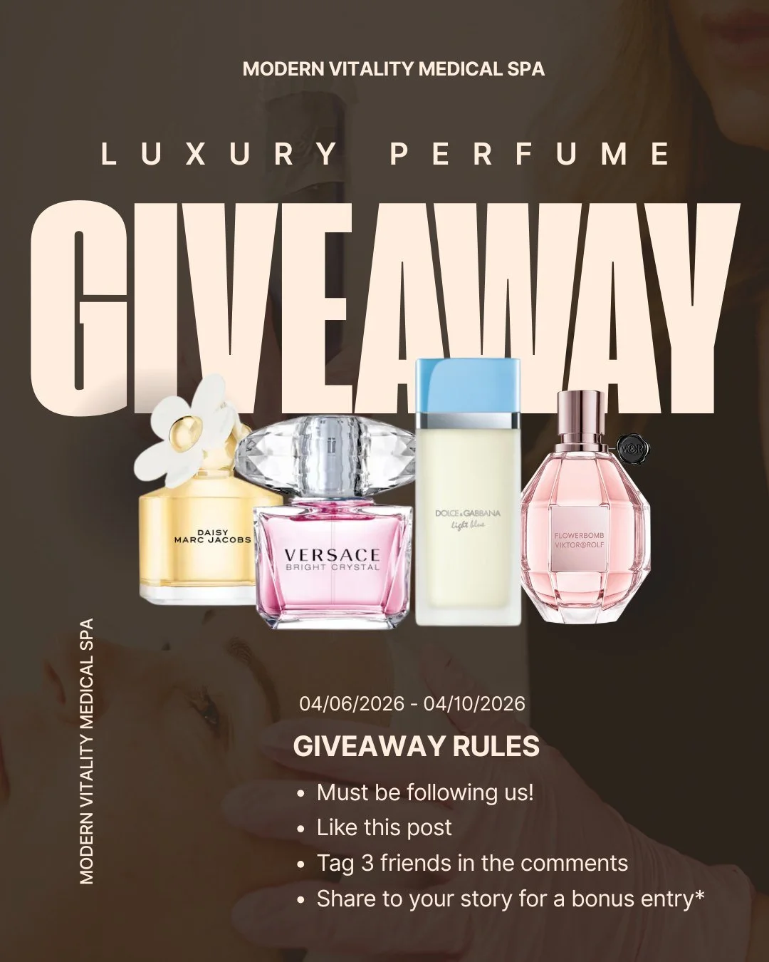 ✨ LUXURY PERFUME GIVEAWAY ✨
4.06.26 &ndash; 4.10.26

Win your choice of any of these luxurious scents🤍

Daisy by Marc Jacobs
Dolce &amp; Gabbana Perfume
Bright Crystal by Versace
Flowerbomb by Viktor &amp; Rolf

How to enter:
&bull; MUST be followin