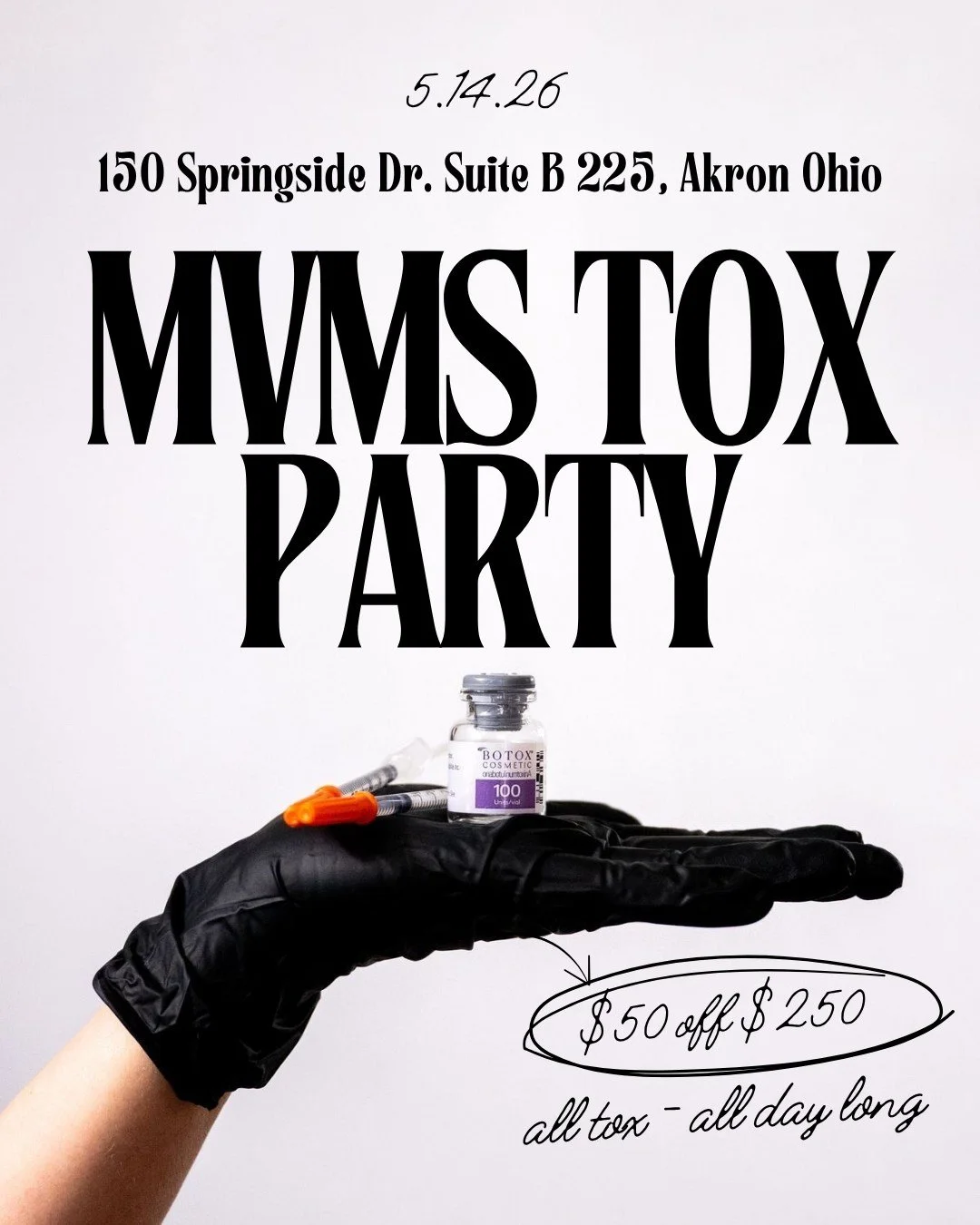 ✨ GRAND OPENING SPECIALS ✨

Not our usual party vibe,  just us, your MVMS team, and some really good deals!

💉 **$50 OFF $250+ ALL TOX**
Available **9AM&ndash;6PM with ALL injectors**

📍 150 Springside Dr. Suite B225
Akron, Ohio

✨ VIRTUAL SALES on