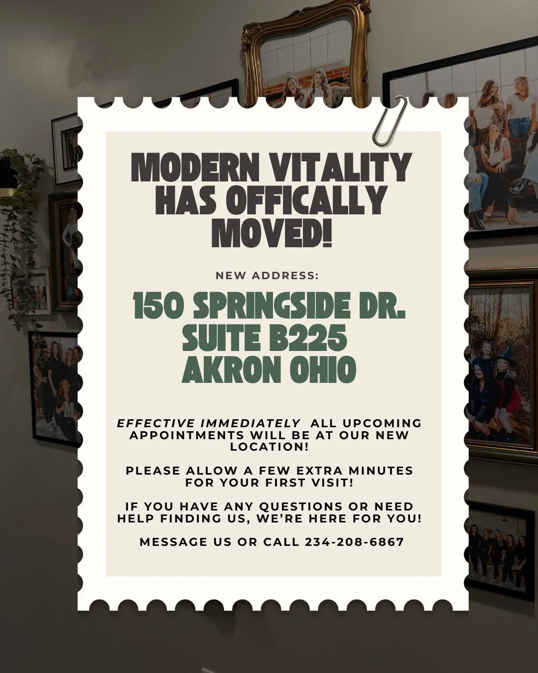✨ WE&rsquo;VE OFFICIALLY MOVED ✨

Starting **May 14th**, all appointments will take place at our new location 🤍

📍 **150 Springside Dr. Suite B225**
Akron, Ohio

Same team, same results, just a new elevated space for you ✨

Please plan to arrive at