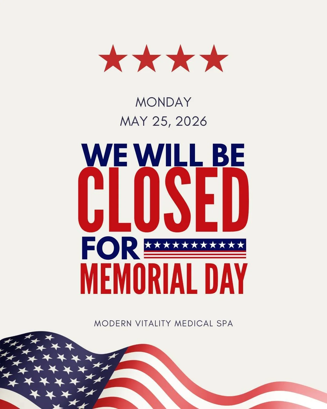 Reminder that MVMS will be closed for Memorial Day 🇺🇸🩷

We hope everyone has a fun, safe weekend spent with friends, family, and sunshine ☀️ We&rsquo;ll be back in office Tuesday the 26th, 9-8pm!