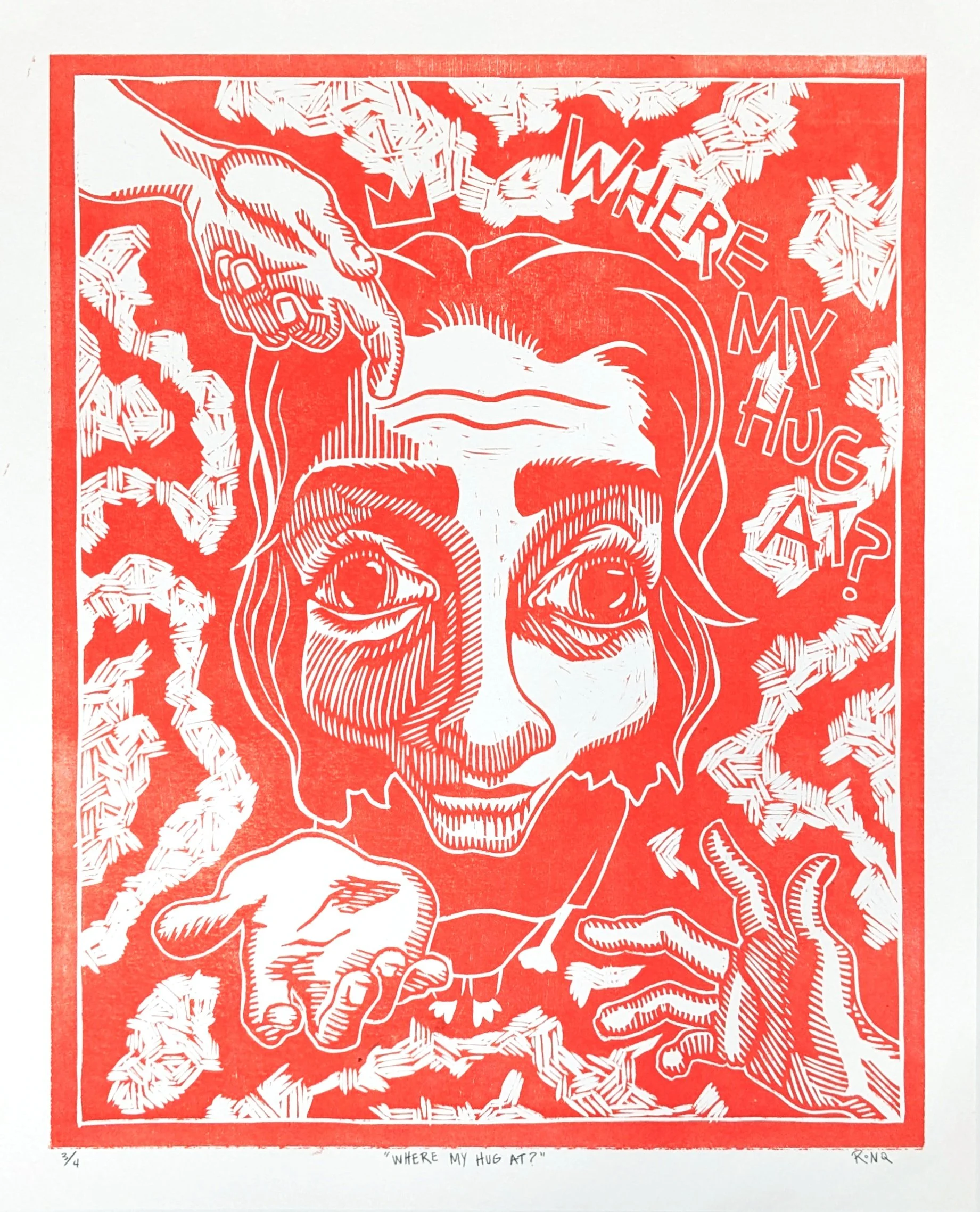 Where My Hug At? (Pink), Woodcut  22x18"  2024