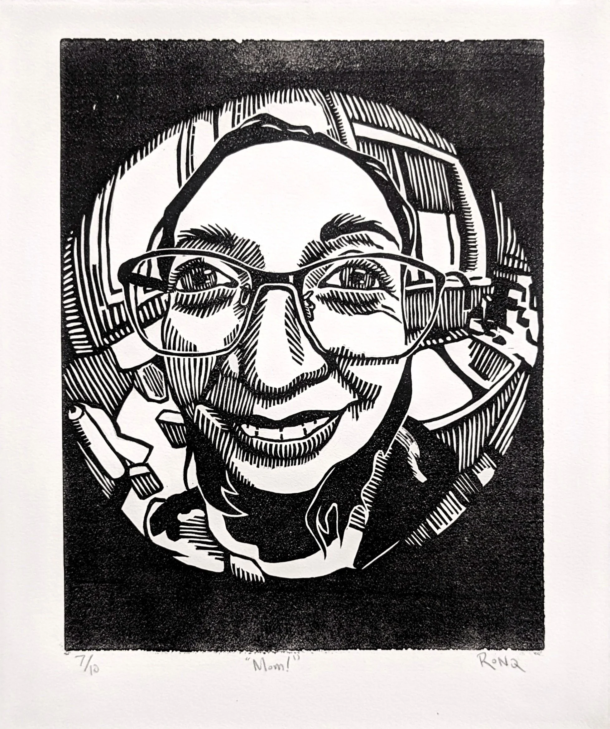 Mom! , Lino cut  12x10" 2024