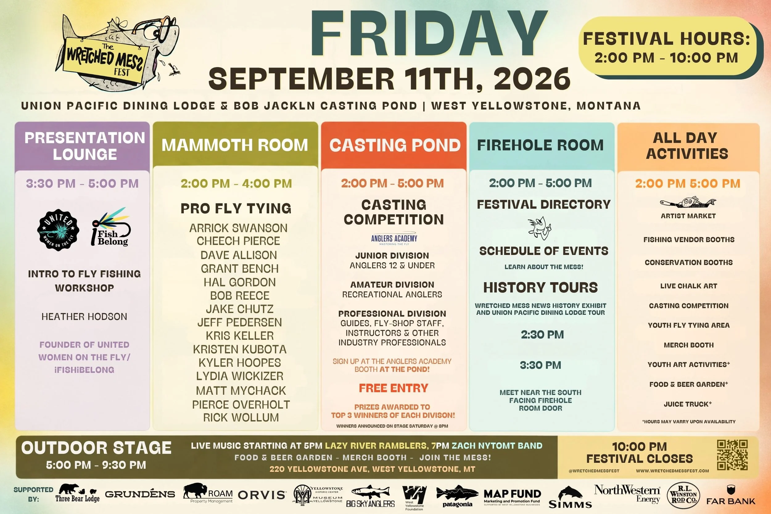 FRIDAY,
 SEPTEMBER 11TH, 2026

Vendor Hours: 2:00 PM - 5:00 PM
Live Music at Outdoor Stage- 5:00 PM - 10 PM