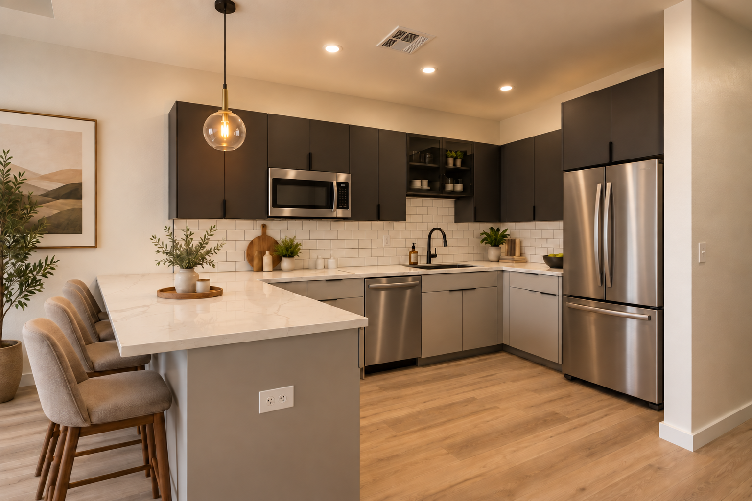 Warm Minimalist Kitchen Without Under-Cabinet Lighting.png