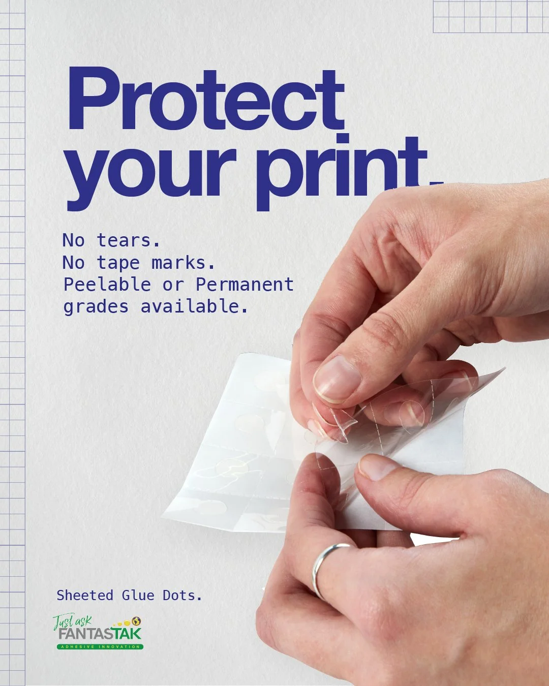 Protect delicate stocks and keep finishes looking new with our sheeted glue dots, designed for clean removal on sample cards, POS displays and printed inserts, so you can mount confidently and peel away without tears or tape marks; choose from peelab