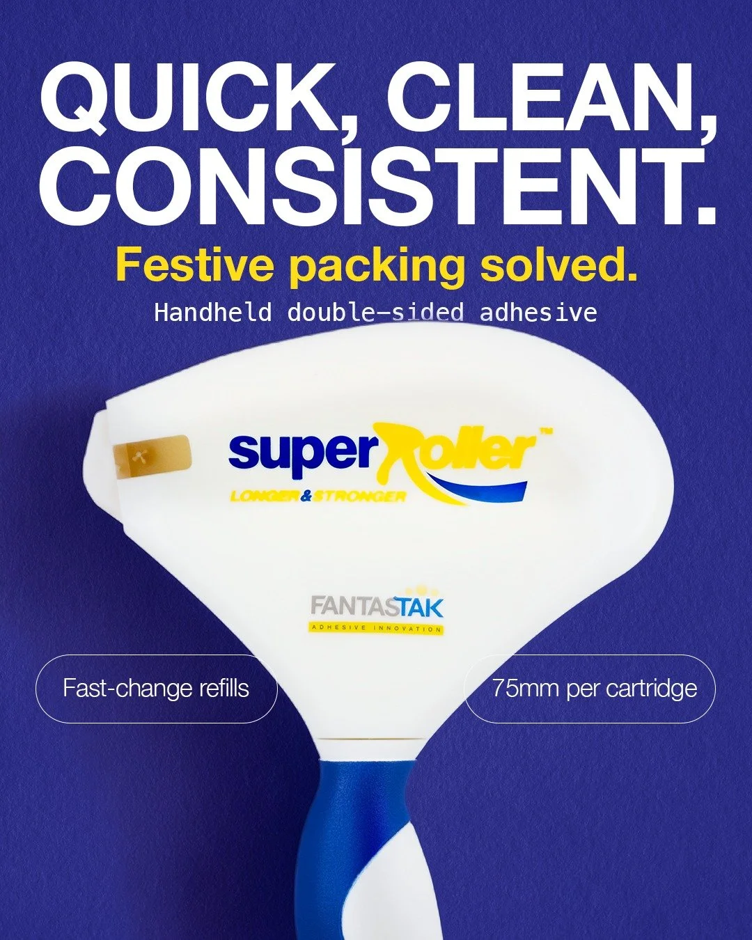 Quick and steady wins the festive rush.

The Super Roller keeps repetitive jobs rolling without the faff: clean application, fast-change refills, and long runs from each cartridge. Handy when you&rsquo;ve got sleeves, bellybands or mailers to finish 