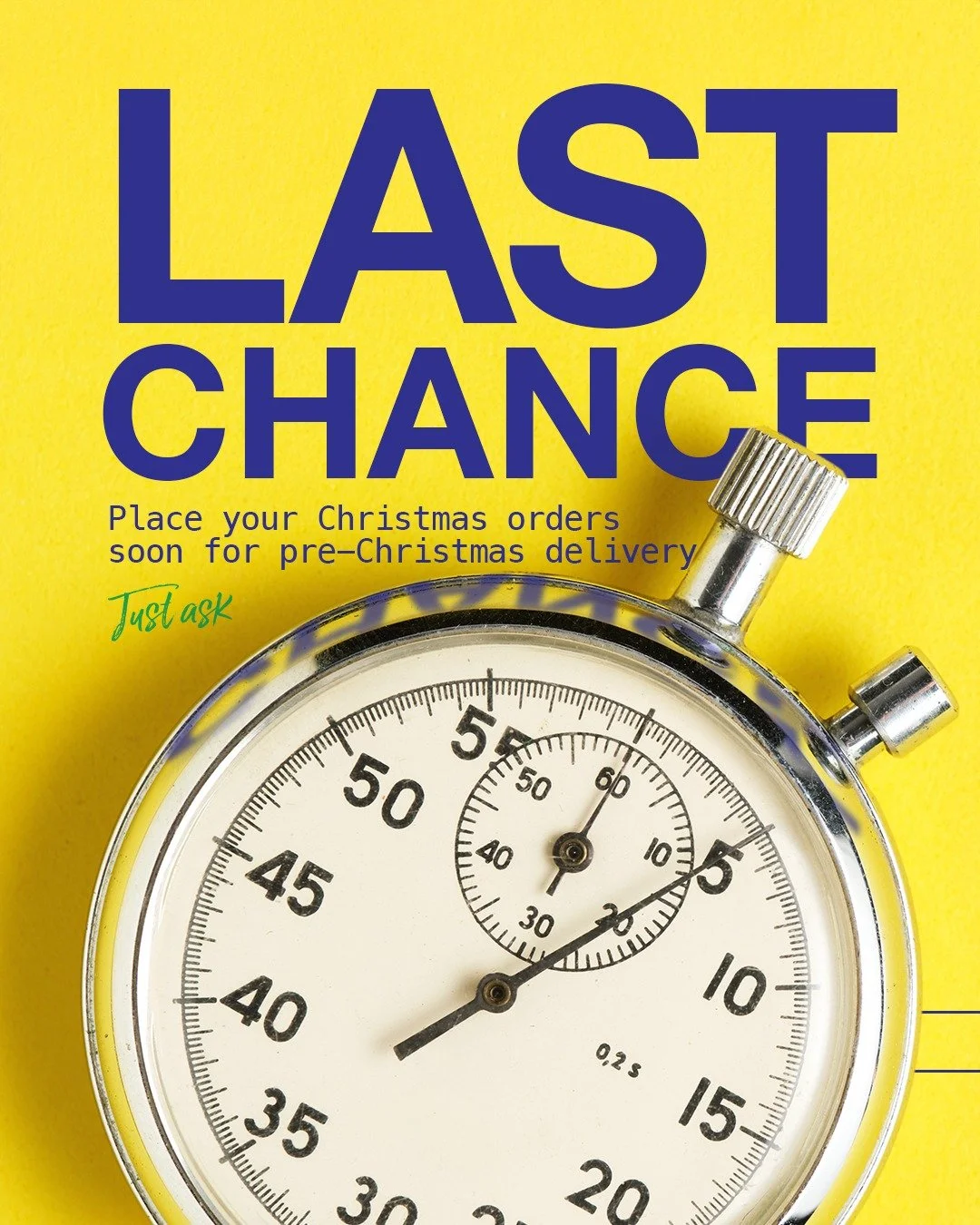 Clock&rsquo;s ticking on the final orders for the year.

We&rsquo;re closing the factory from midday Tuesday 23rd December and back on Monday 5th January.

Last UK collection is 11:00 on the 23rd, so don't leave it too late.

Check your stock levels 