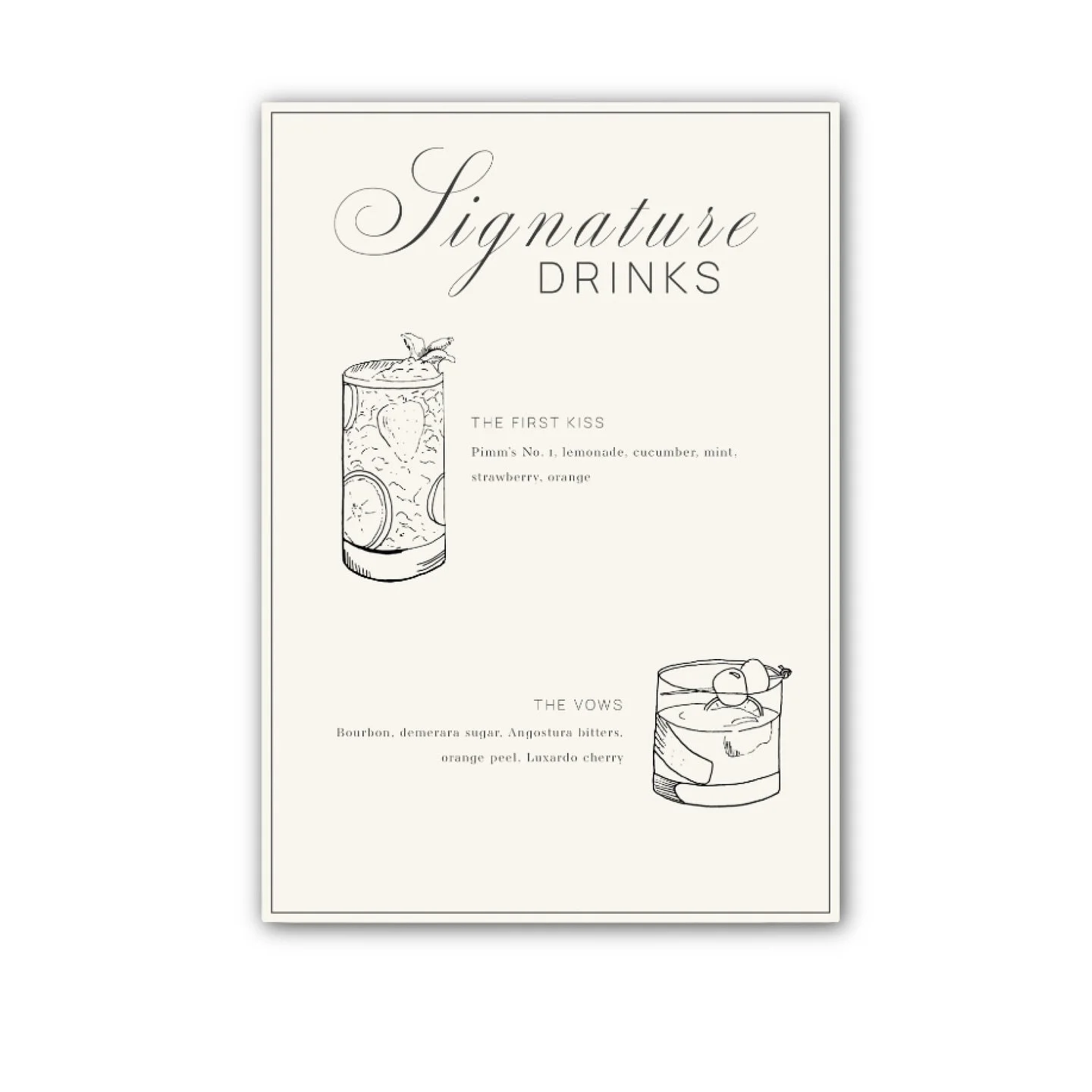 Bespoke bar menus, designed just for you ✨

Hand-drawn drink illustrations and a clean, simple design to complement your special day. 🍸🥂 Perfect for adding that personal touch to your wedding or event. 💍

#bespoke #drinkmenu #customised #customise