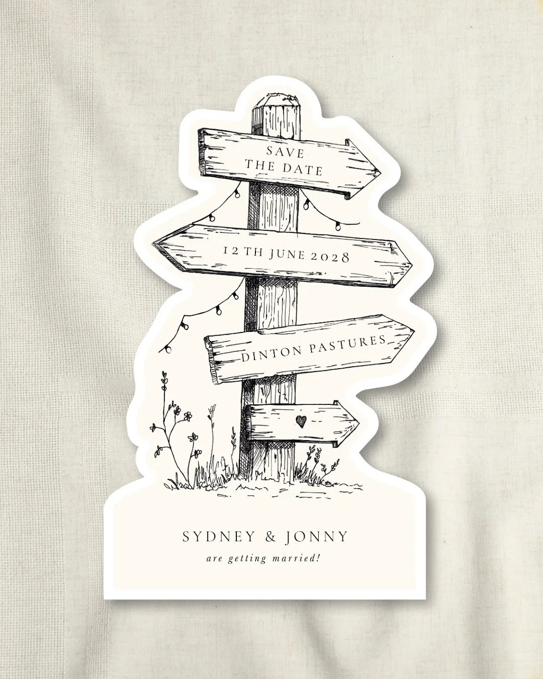 A bespoke save the date inspired by the upcoming festival theme wedding fair.⁠
⁠
Hand-drawn details, custom shapes and stationery designed to feel completely personal from the very first impression.⁠
⁠
Now offering bespoke wedding stationery suites, 