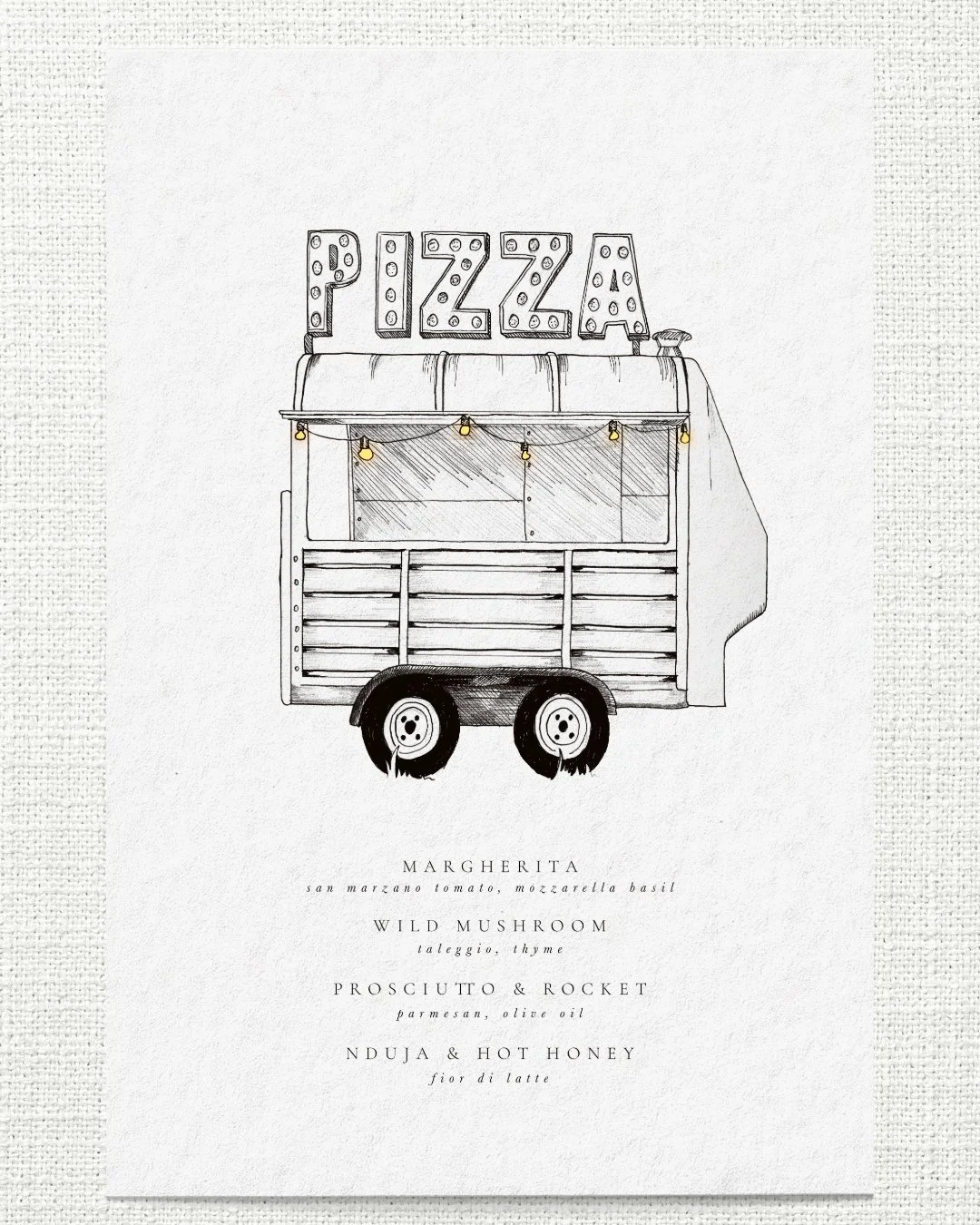 Even the pizza menu got the bespoke treatment 🍕⁠
⁠
Hand-drawn details designed to tie in seamlessly with the rest of the wedding stationery suite.⁠
⁠
Because the little details really do make the day 🤍⁠
⁠
⁠
#foodtruck #illustrations #weddingstation