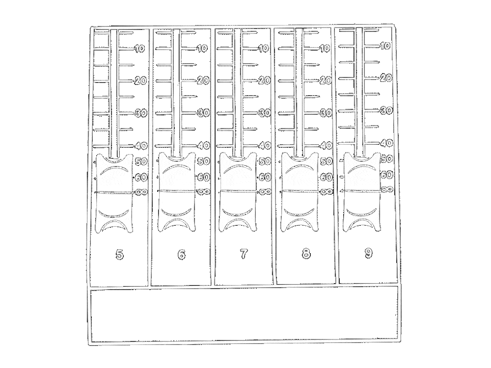 Audio mixer with five channels labeled 5 through 9, each with volume fader, pan knob, and sound level indicators.