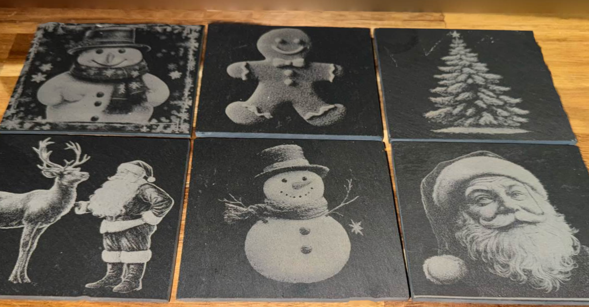 6 Black Square Linea Slate Coasters