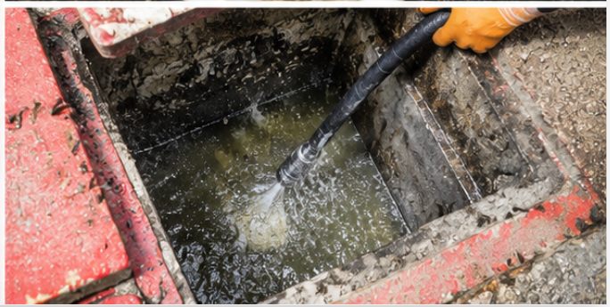 A worker using a high-pressure water hose to clean a concrete sewer or drainage pipe in an outdoor construction area.