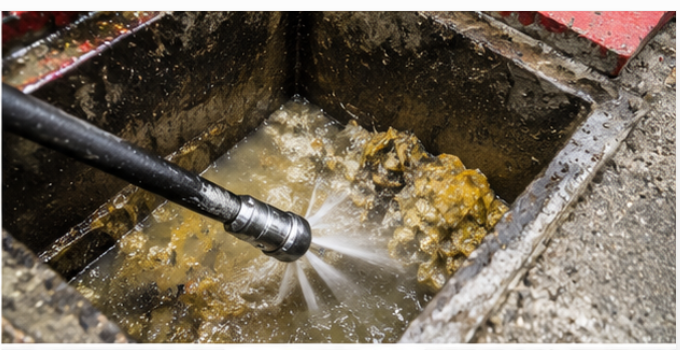 A power washer cleaning muddy debris in an open rectangular metal container.