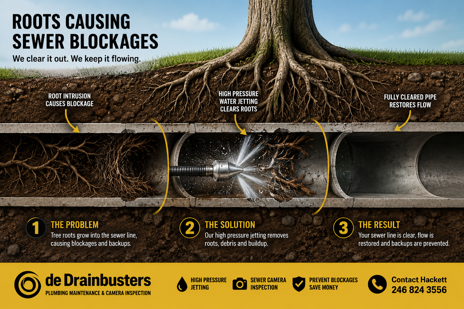 An infographic showing how roots cause sewer blockages and how high-pressure water jetting clears roots from pipes. The diagram illustrates roots growing into sewer lines, causing blockages. A water jetting tool removes roots, debris, and buildup, restoring flow and preventing backups. Labels highlight problem, solution, and result in the sewer maintenance process.