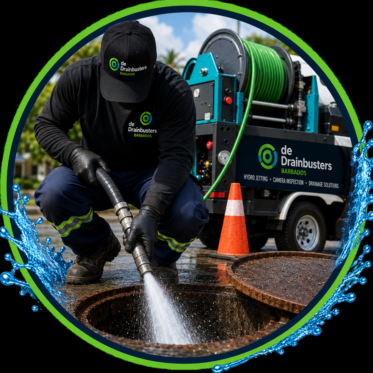 Worker in black uniform and gloves using a hydro jet to clean a manhole on a street, with a service truck and orange safety cone in the background.