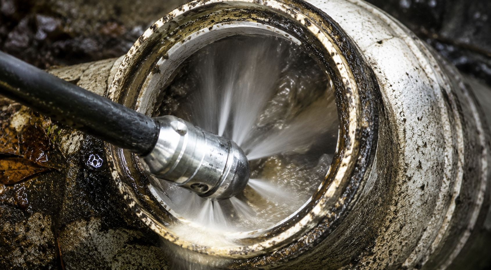 Close-up of a hydraulic jet cleaning a dirty, greasy cylindrical pipe or machinery part.