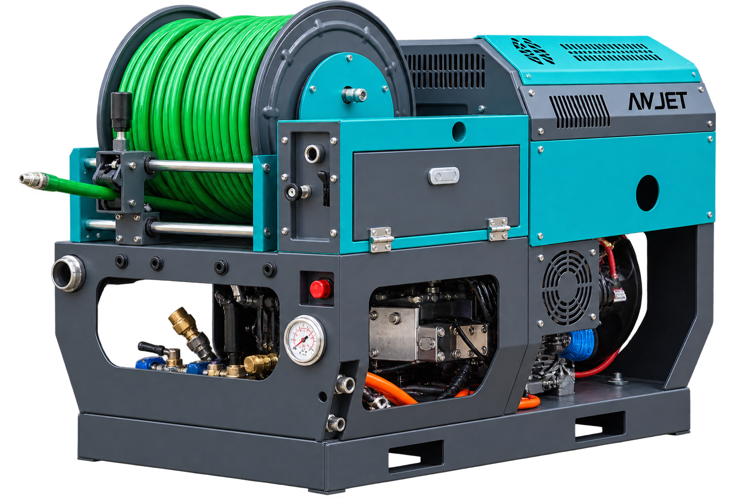 A high-pressure industrial cleaning machine with a green hose reel, pressure gauges, and various metallic and plastic components, branded with the name 'AWJET' on the top right side.