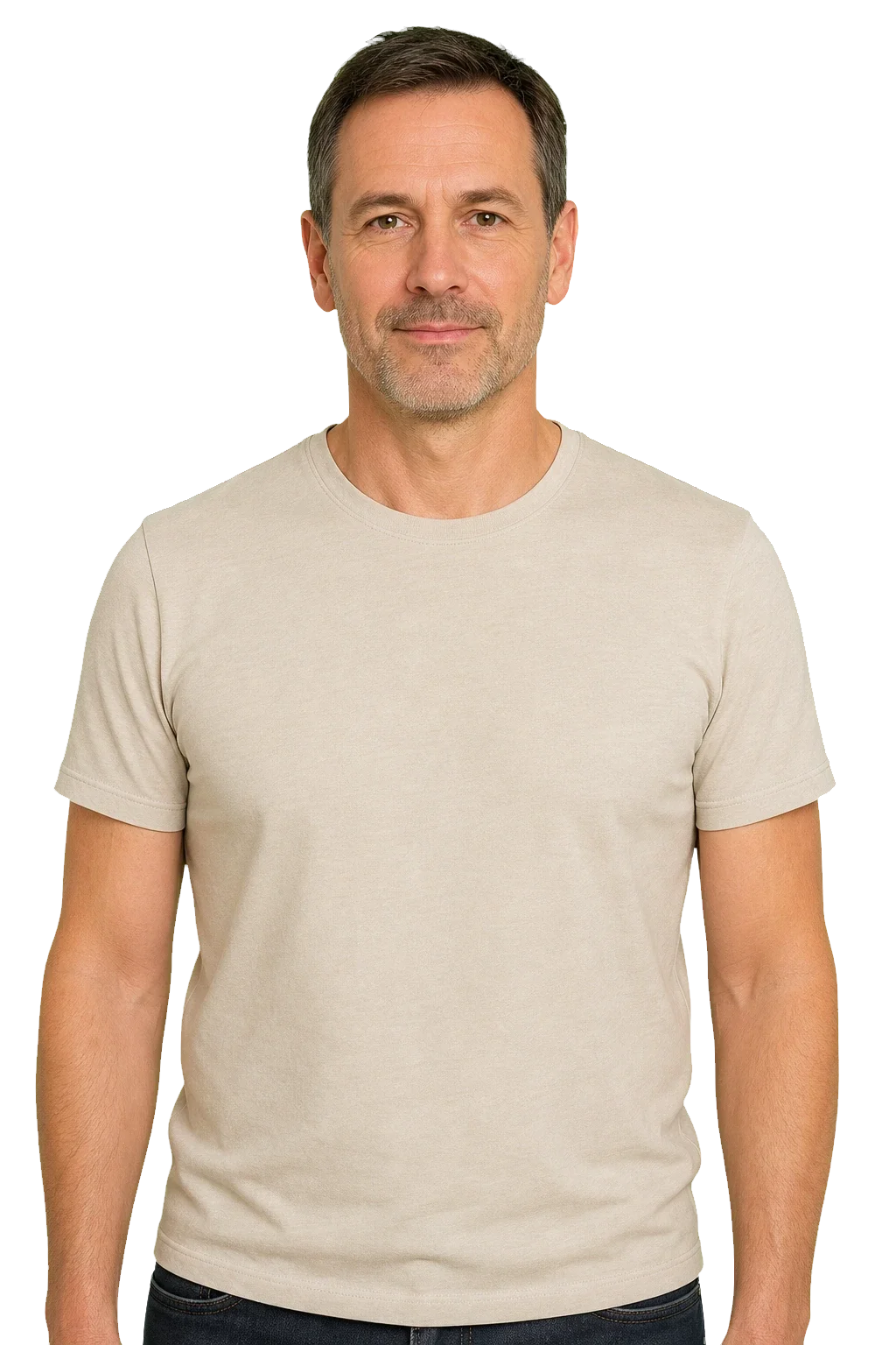 Man in his forties showing clickable face, neck and underarm treatment areas