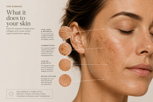 Visible effects of sun damage including pigmentation, fine lines, loss of firmness and uneven skin texture