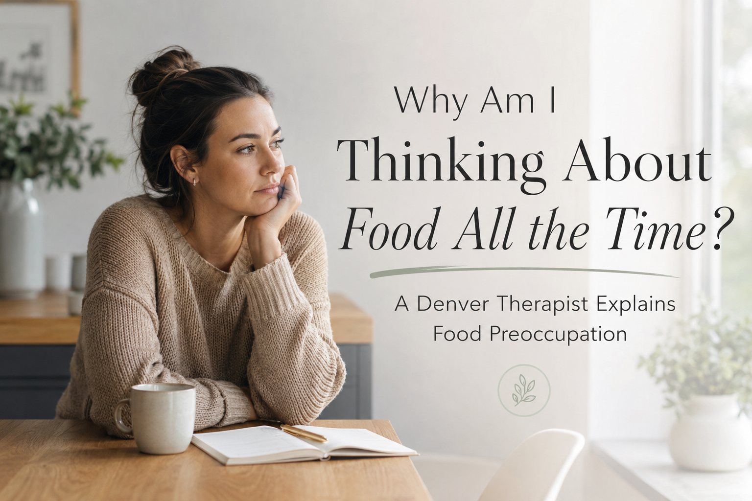 Woman sitting thoughtfully at a table, representing food preoccupation and constant thoughts about food.