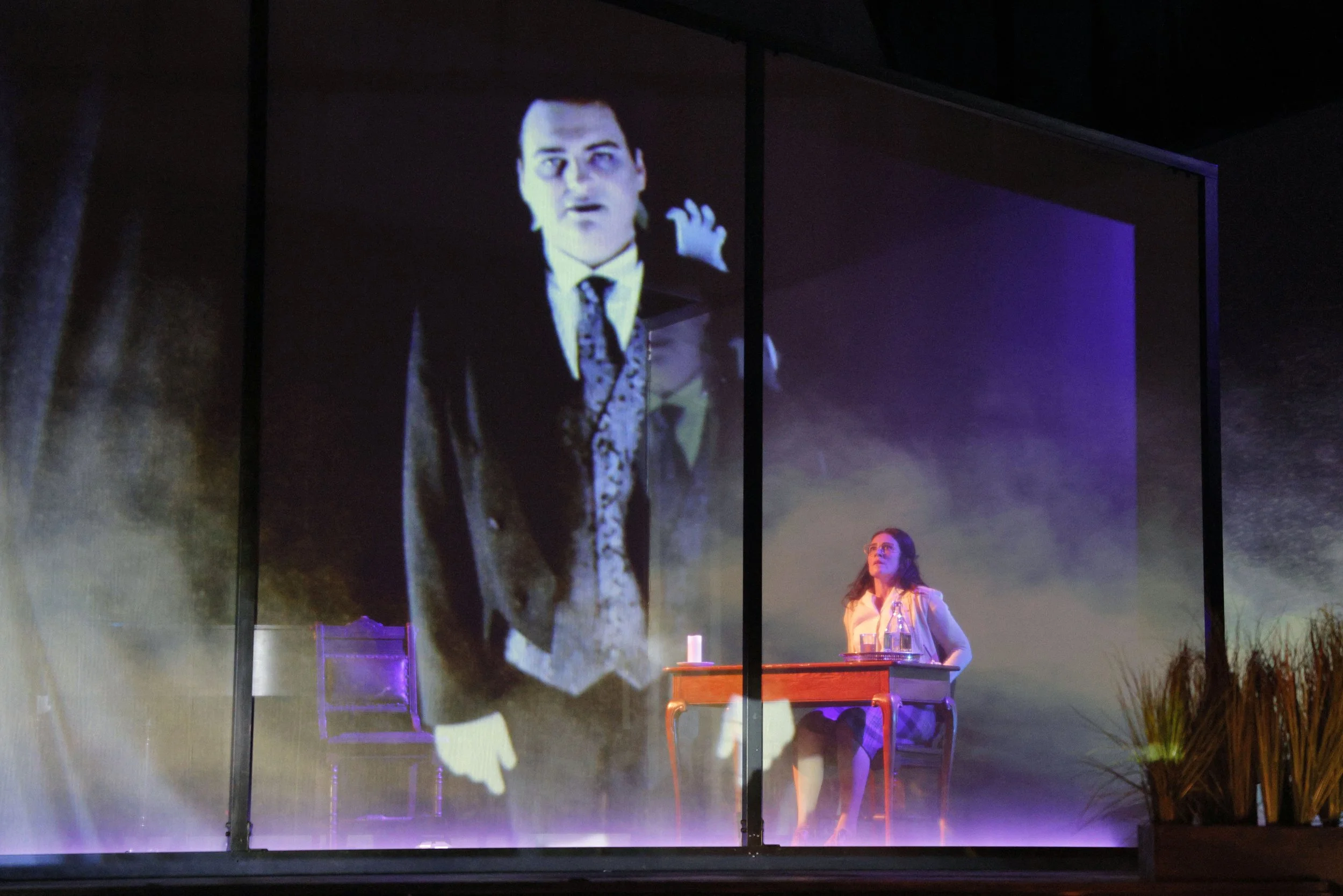 A theatrical scene depicts a woman sitting at a table with glasses and bottles, while a large projection of a man in a suit and tie is displayed behind her on a screen. The scene is illuminated with purple and yellow lighting.