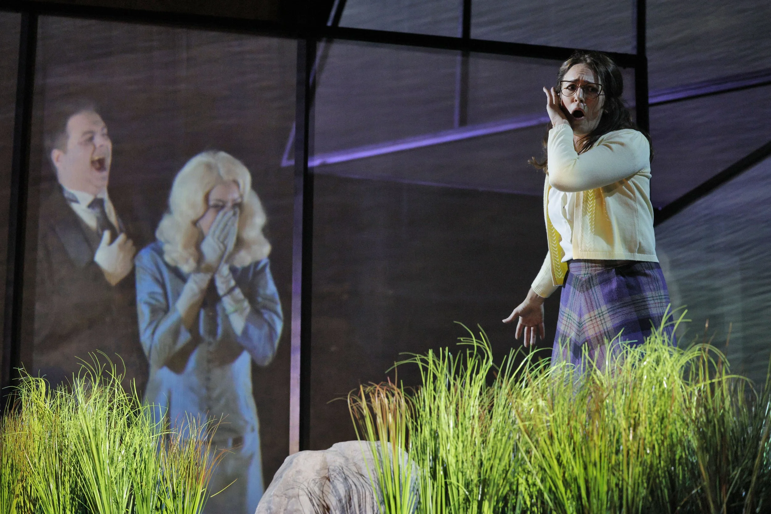 A woman with glasses and a plaid skirt standing among tall green grass, appearing surprised or shocked, with a large rock in the foreground and an image of two people on a screen behind her.