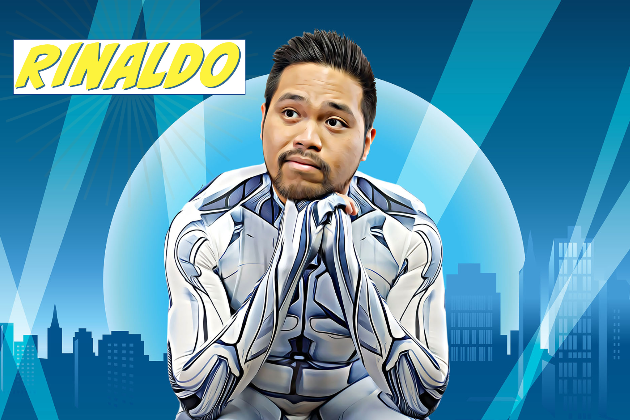 A digitally illustrated caricature of a man with a contemplative expression, sitting in a superhero costume with a cityscape background and the word 'RINALDO' in bold yellow letters.