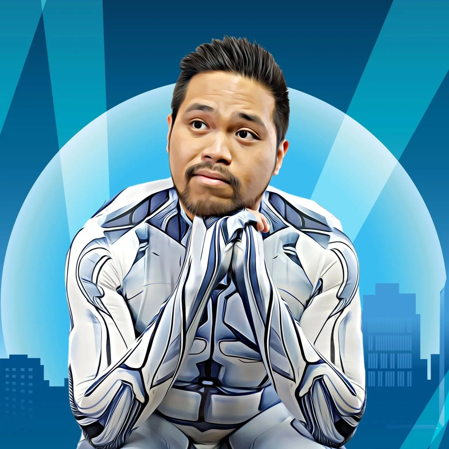 Digital illustration of a man with short dark hair, grooming a beard, wearing a striped jacket, against a futuristic cityscape background with blue tones.