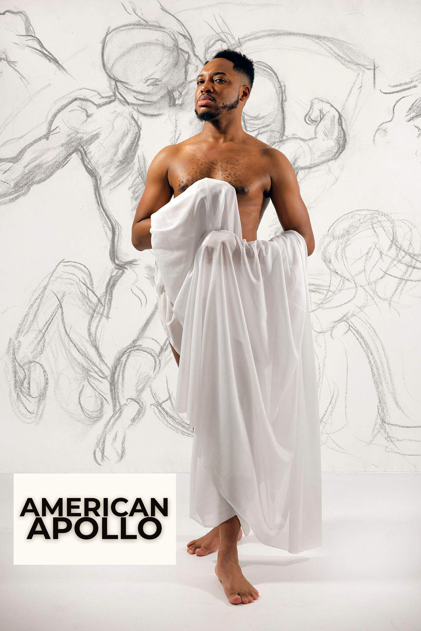 A shirtless man holding a white sheet in front of a wall with a large sketch of an astronaut in a spacesuit and the text 'American Apollo' in the lower left corner.