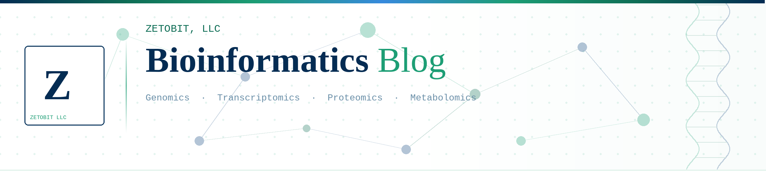 Banner for ZETOBIT LLC Bioinformatics Blog with a light green background, connected dots and lines, and text listing genomics, transcriptomics, proteomics, and metabolomics.