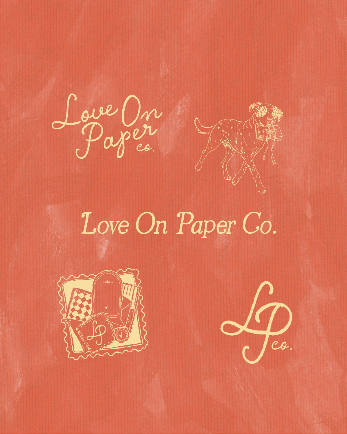 A red textured paper with cream-colored text and illustrations. The text says 'Love On Paper Co.' in the top left, center, and bottom right. There is an illustration of a dog with a gift box in its mouth near the top right. A stamp-like illustration 