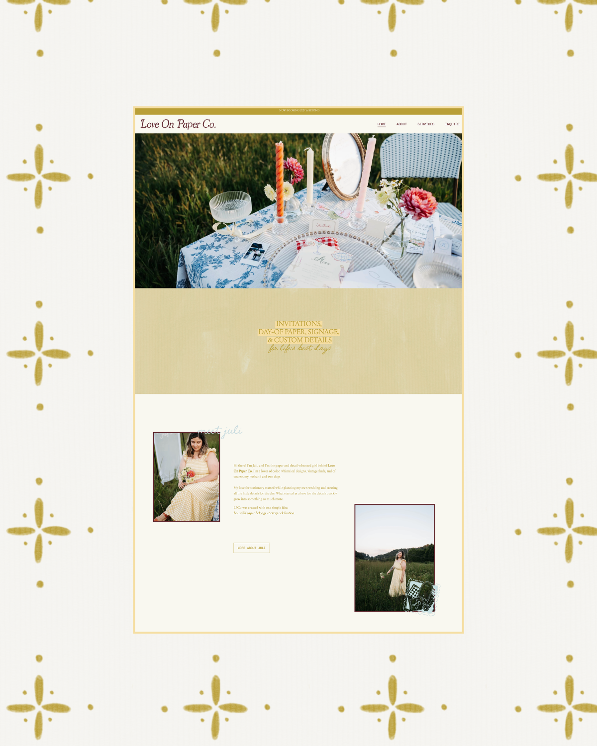 Webpage for Love On Paper Co featuring a table with floral decorations, candles, and a mirror, set outdoors, promotional text about custom stationery and wedding invitations, with photos of a woman holding a bouquet and a woman standing in a field.