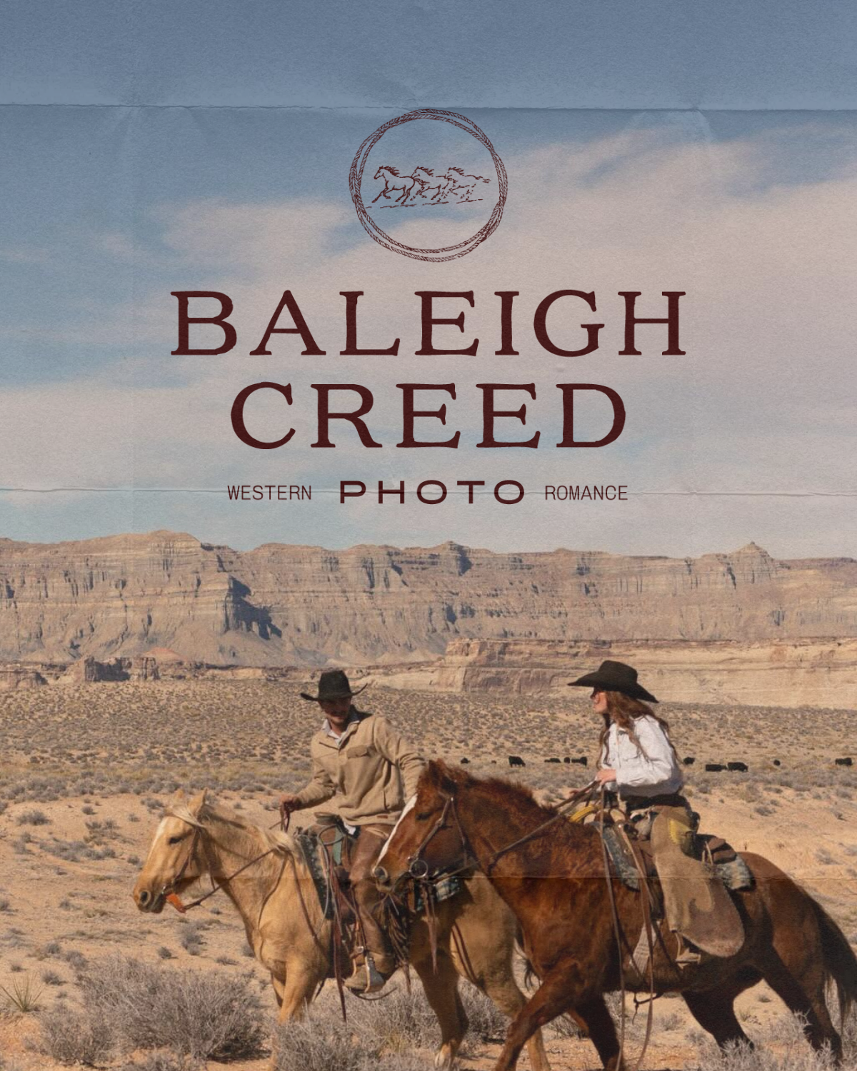 Two people riding horses in a desert landscape with mesas in the background, a man on the left and a woman on the right, both wearing cowboy hats.