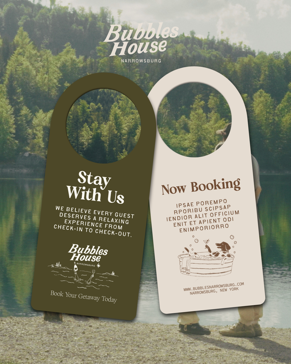 Downloadable flyers for Bubbles House, a resort located in Narrowsburg, NY, featuring promotions to stay with the resort and book now, with a background of a lakeside scene and a person and a dog standing near water.