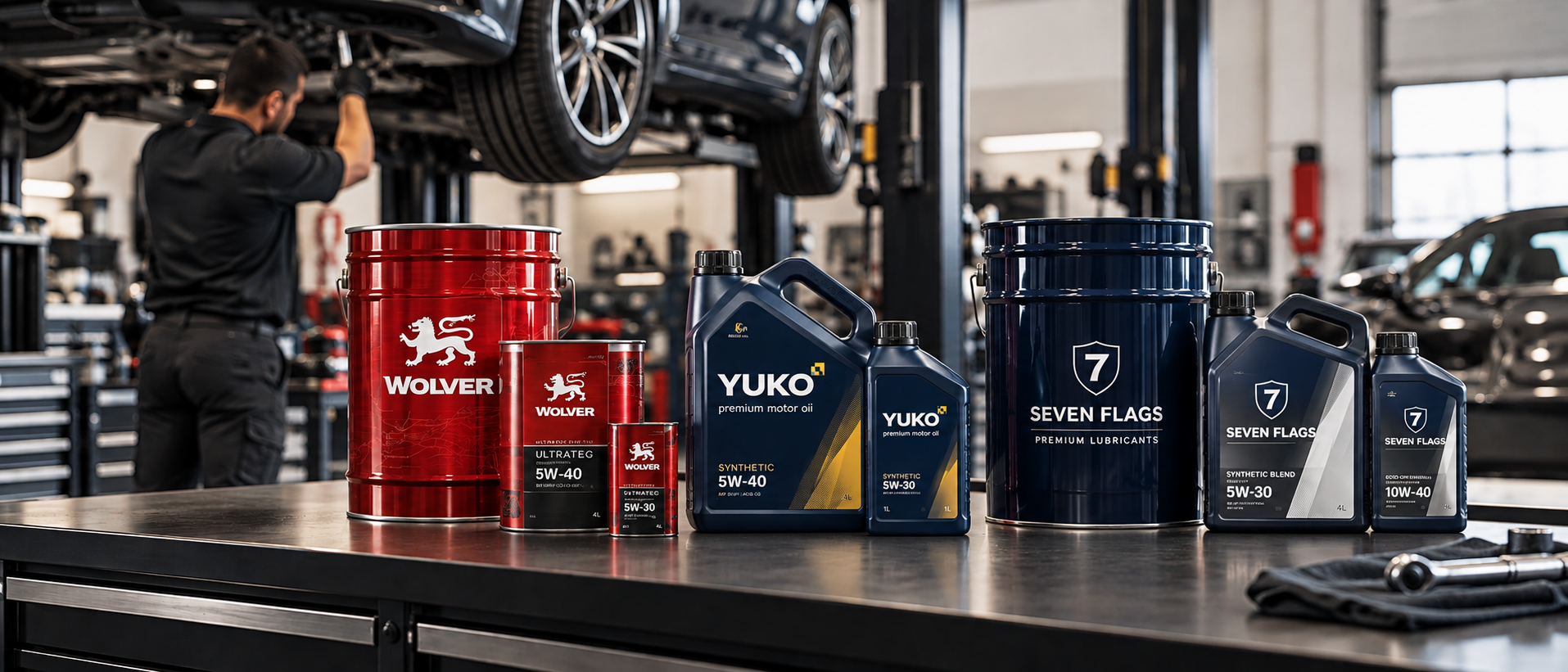 Car maintenance workshop with bottles of motor oil and lubricants on a workbench, and a mechanic working under a lifted car in the background.