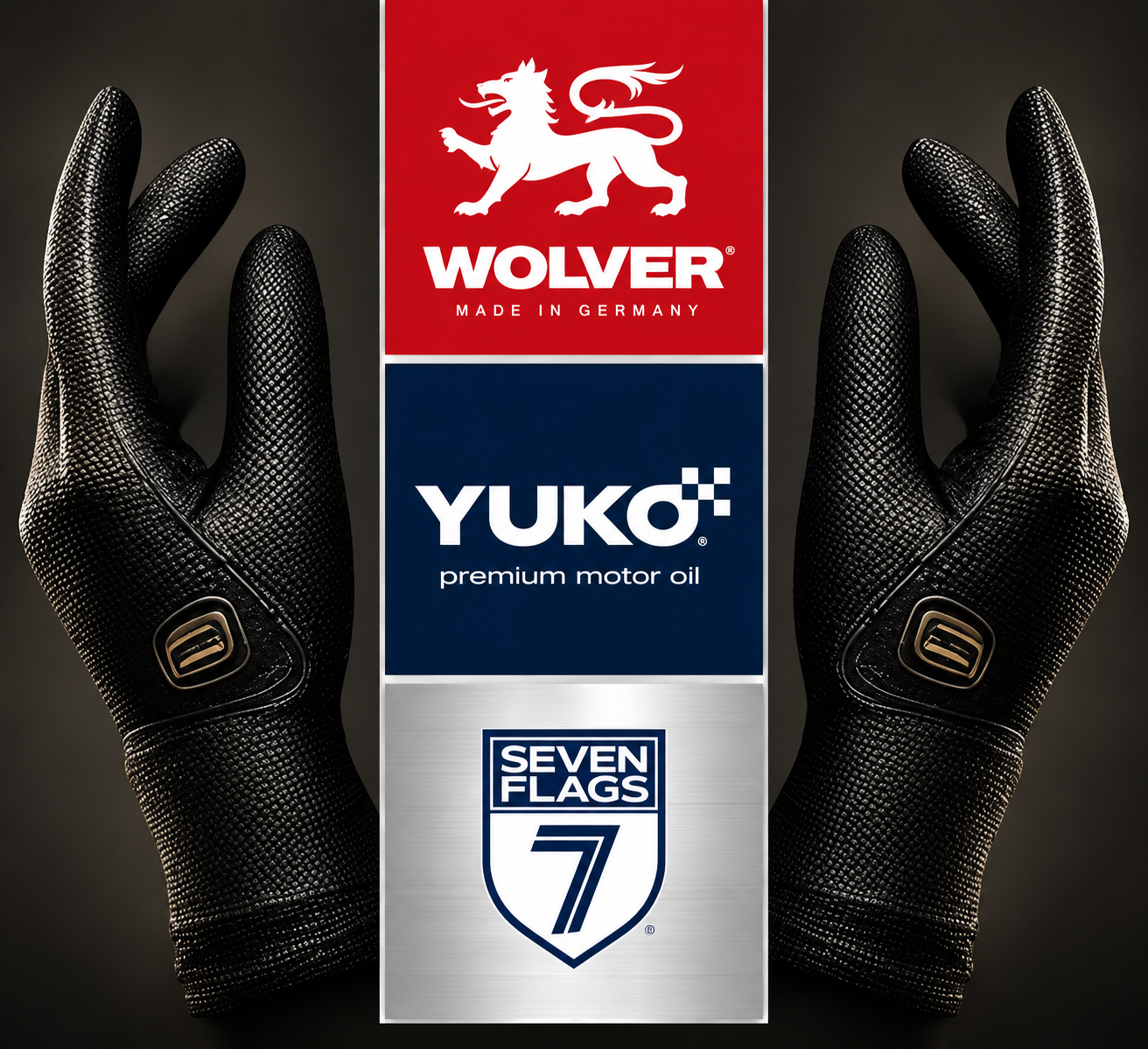 Pair of black textured work gloves held open with one hand on each side of a vertical strip of boxes displaying logos for Wolver, Yuko, and Seven Flags, used for automotive or industrial purposes.