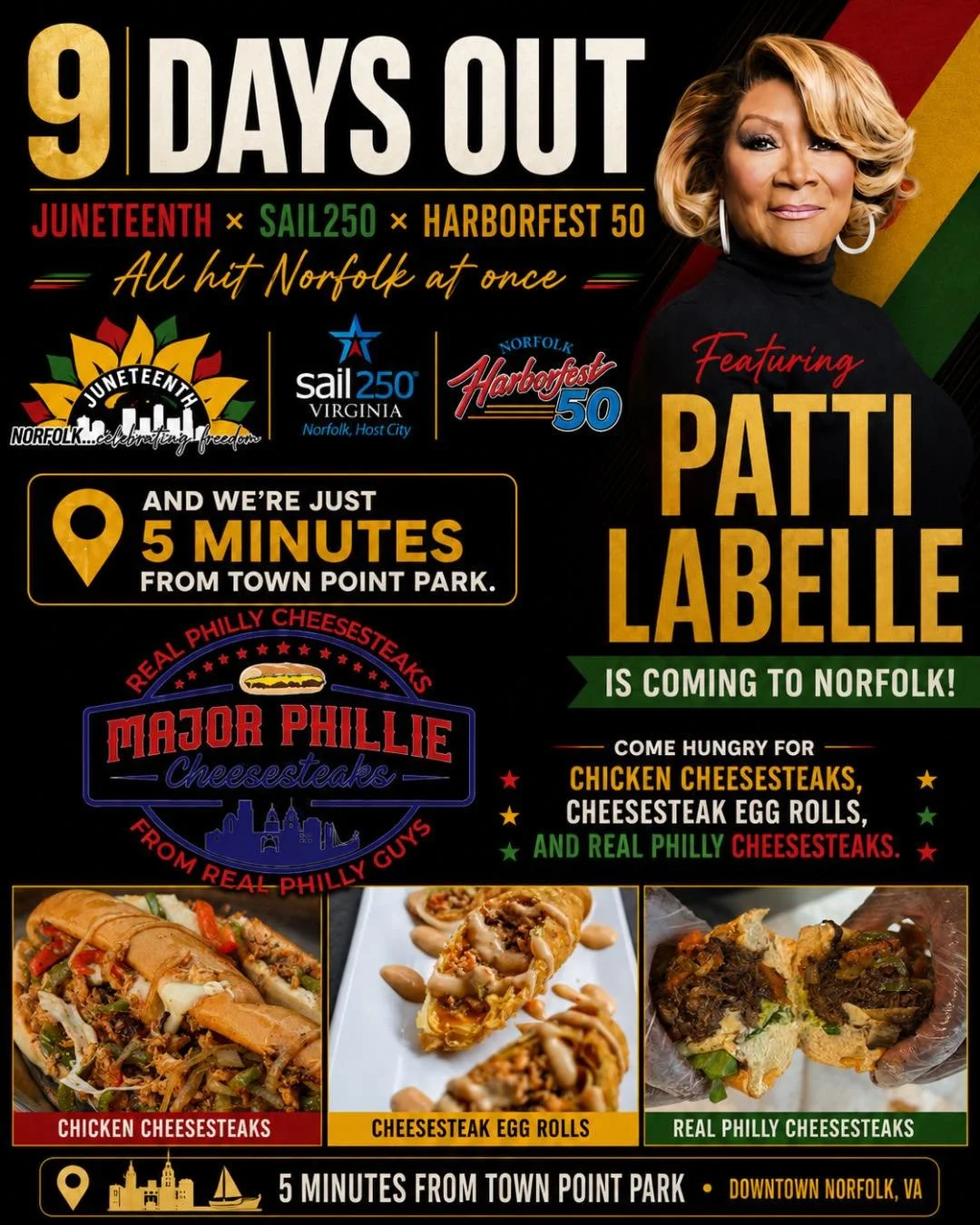 9 days out!
Juneteenth x Sail250 x Harborfest50 all hit Norfolk at once and were 5 minutes from Town Point Park ⛵️

While, the tall ships sail in, will be right here on Granby doing what we do: fresh shaved ribeye hitting the grill, oxtail brazed low
