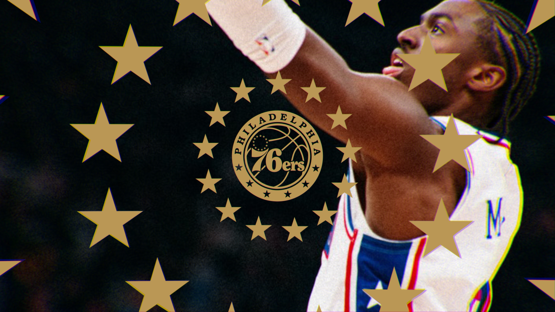 A basketball player from the Philadelphia 76ers in action during a game, with the team logo and gold stars overlayed on the image.