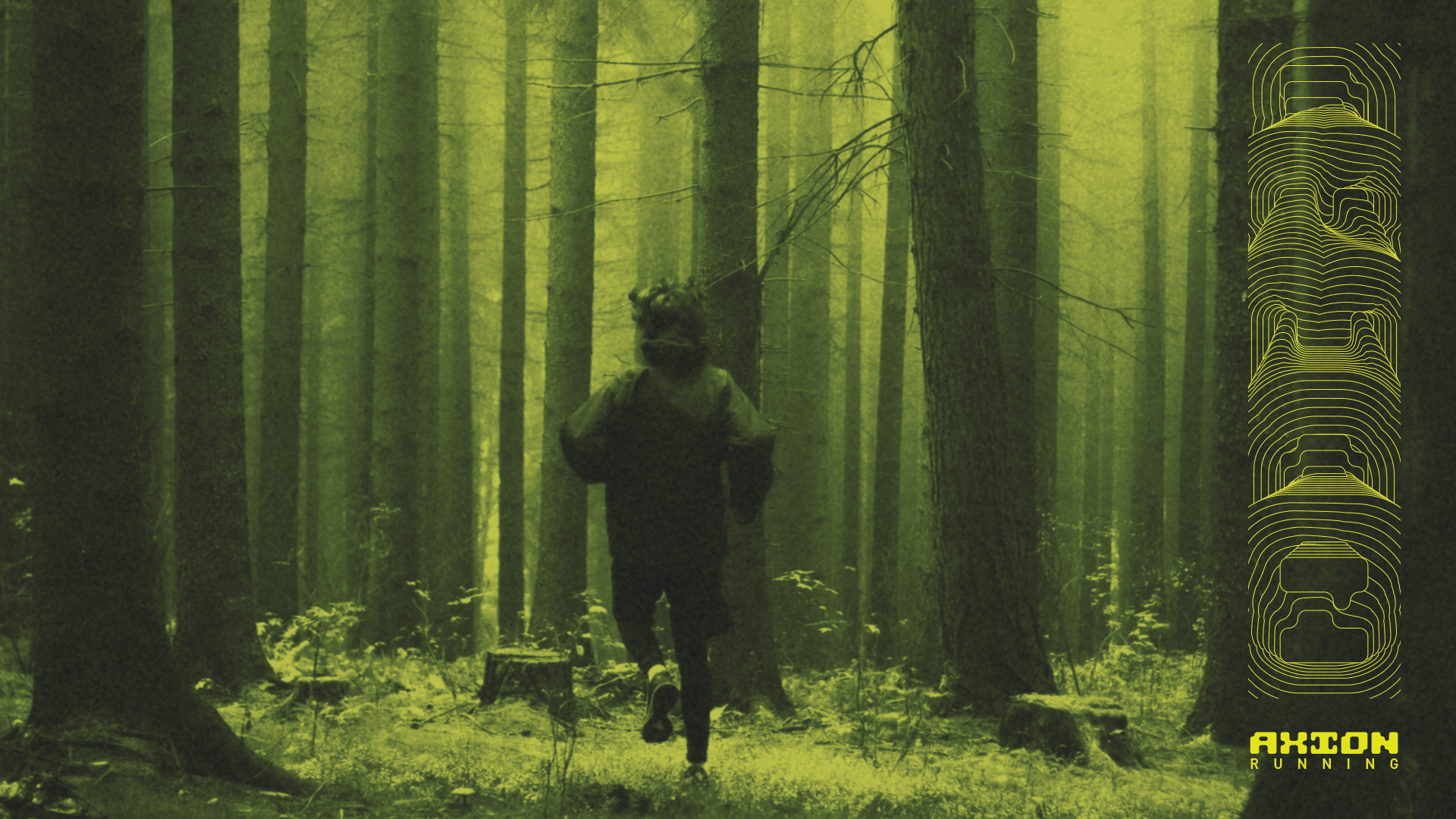 A person running through a dense, green forest with tall trees. The image has a yellow-green filter and the words 'AXSON RUNNING' in the bottom right corner alongside a stylized outline of a sneaker.