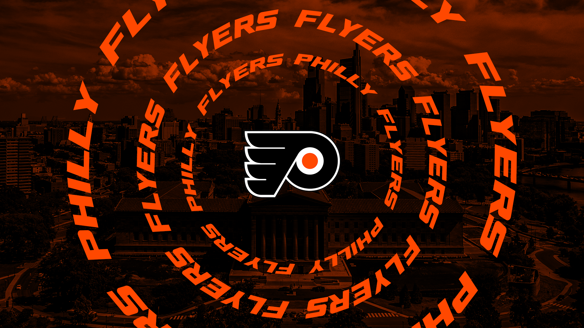 Philadelphia skyline with the Philadelphia Flyers logo in the foreground, surrounded by the word 'FLYERS' in a circular pattern.