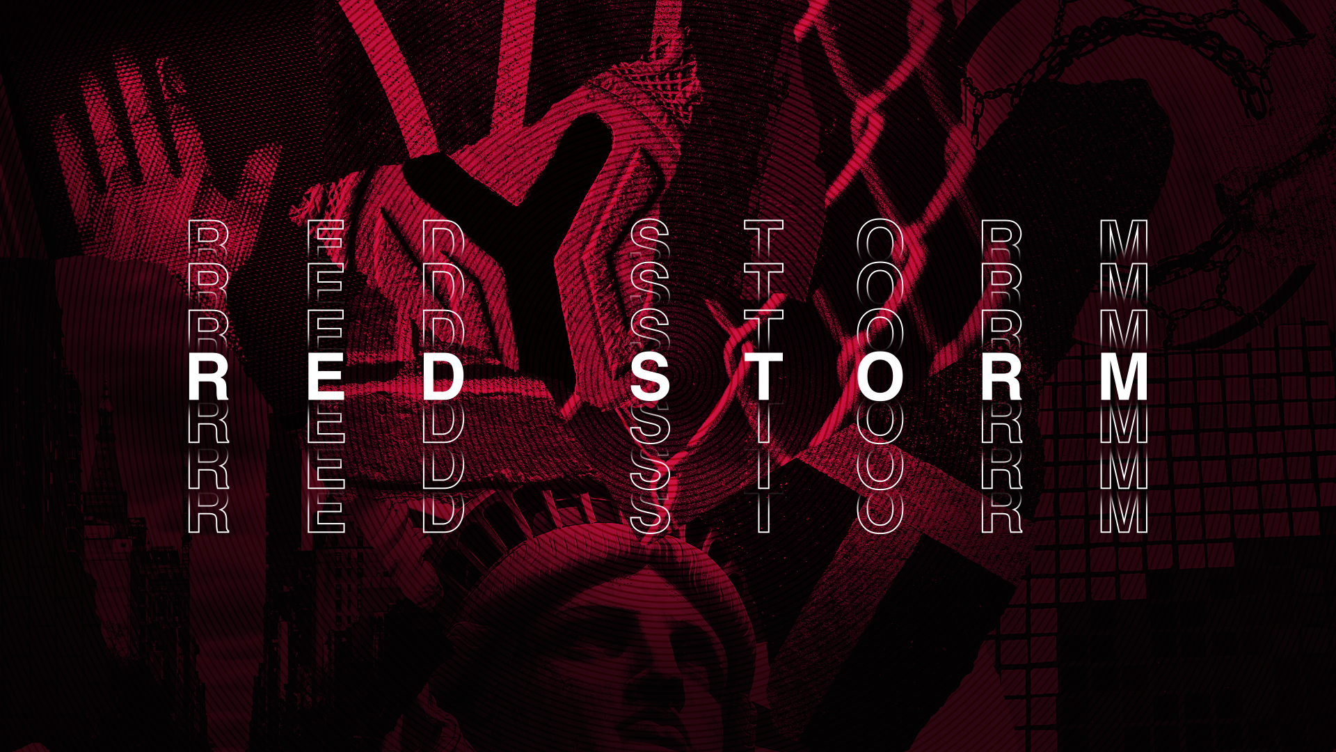 Digital art with a stylized Statue of Liberty's face and raised fist, overlaid with words 'Red Storm' and 'Rebellion' in vertical text, in a red and black color scheme.