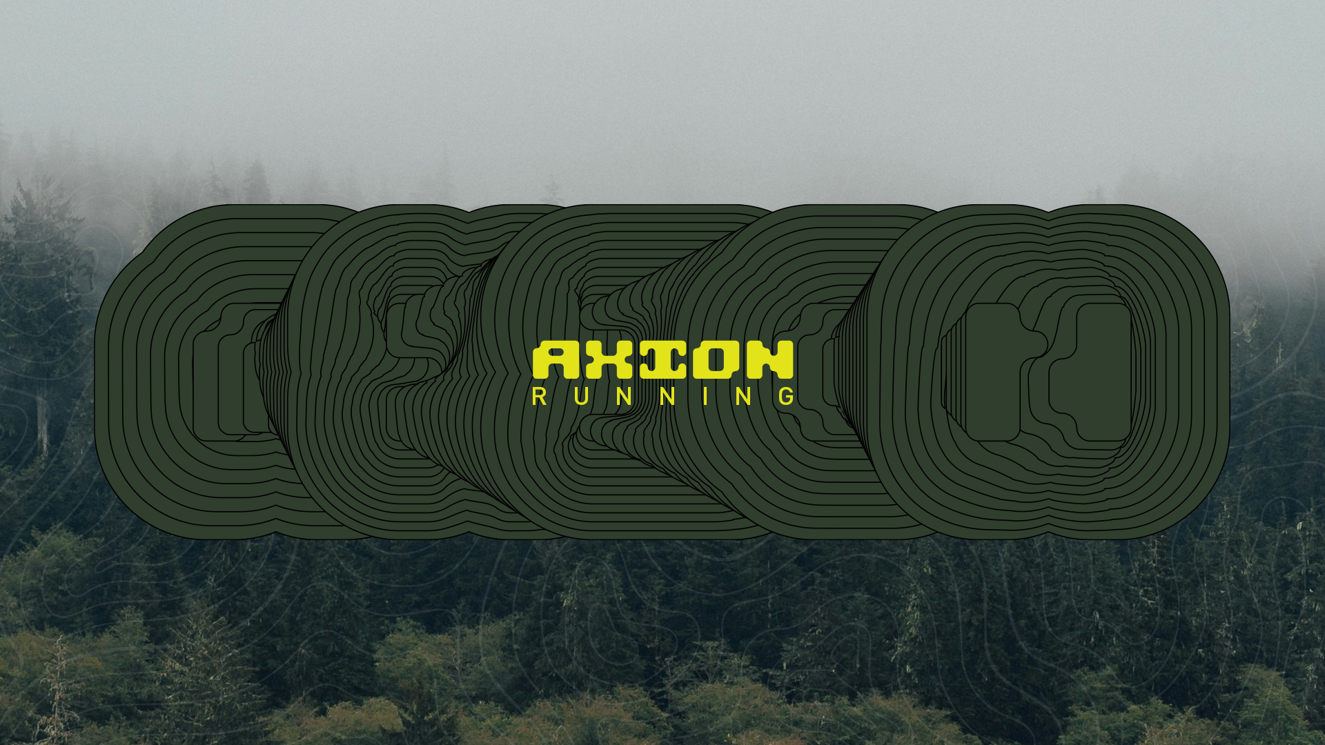 Graphic design with stylized text 'AXION RUNNING' over a background of a foggy forest. The text is in bright yellow, and the design features layered, contour-like shapes in dark green.