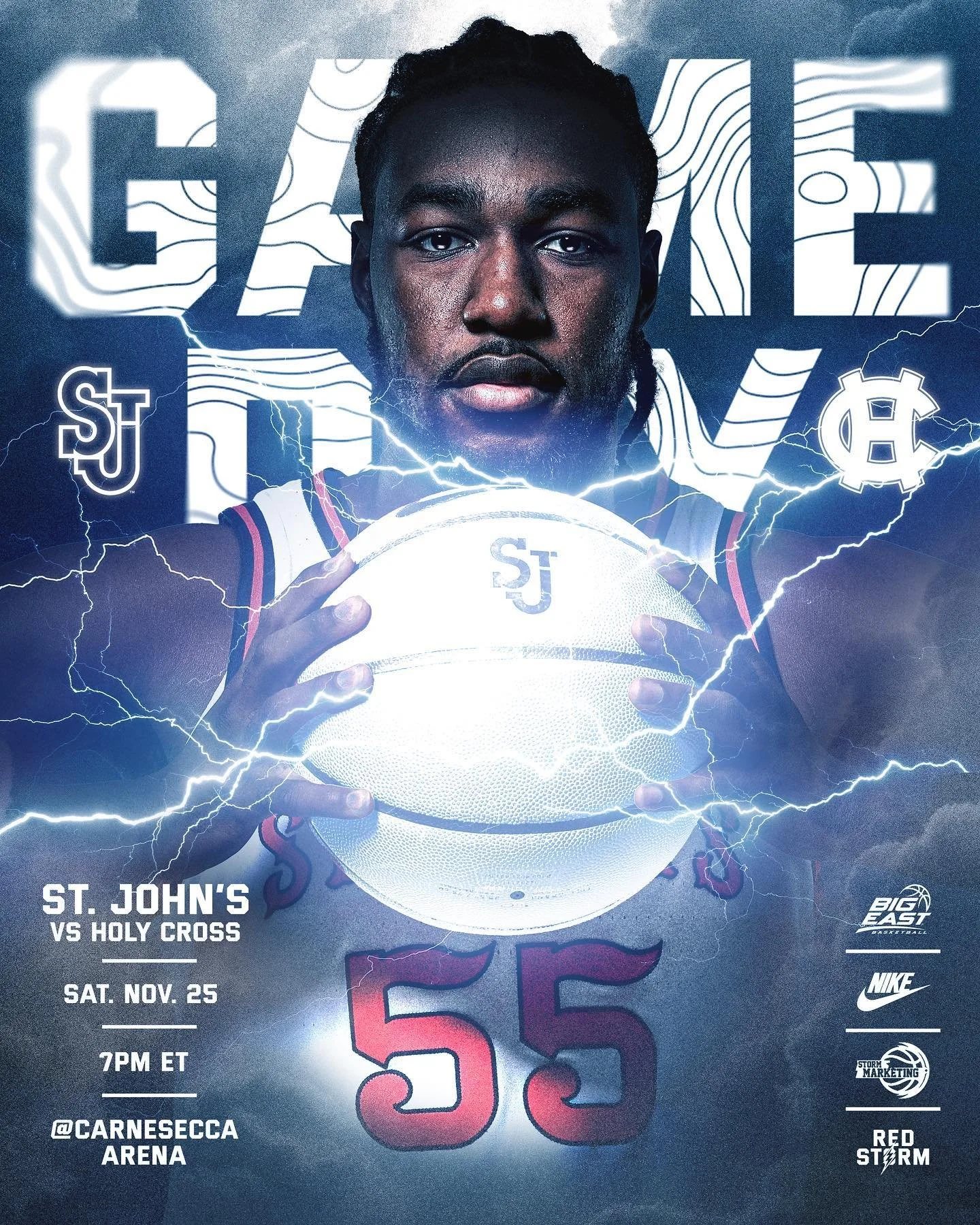 A basketball player holding a glowing basketball with electricity effects, wearing a jersey with the number 55, promotional poster for a game between St. John's and Holy Cross on November 25 at Carnesecca Arena, sponsored by Big East, Nike, Storm Marketing, and Red Storm.