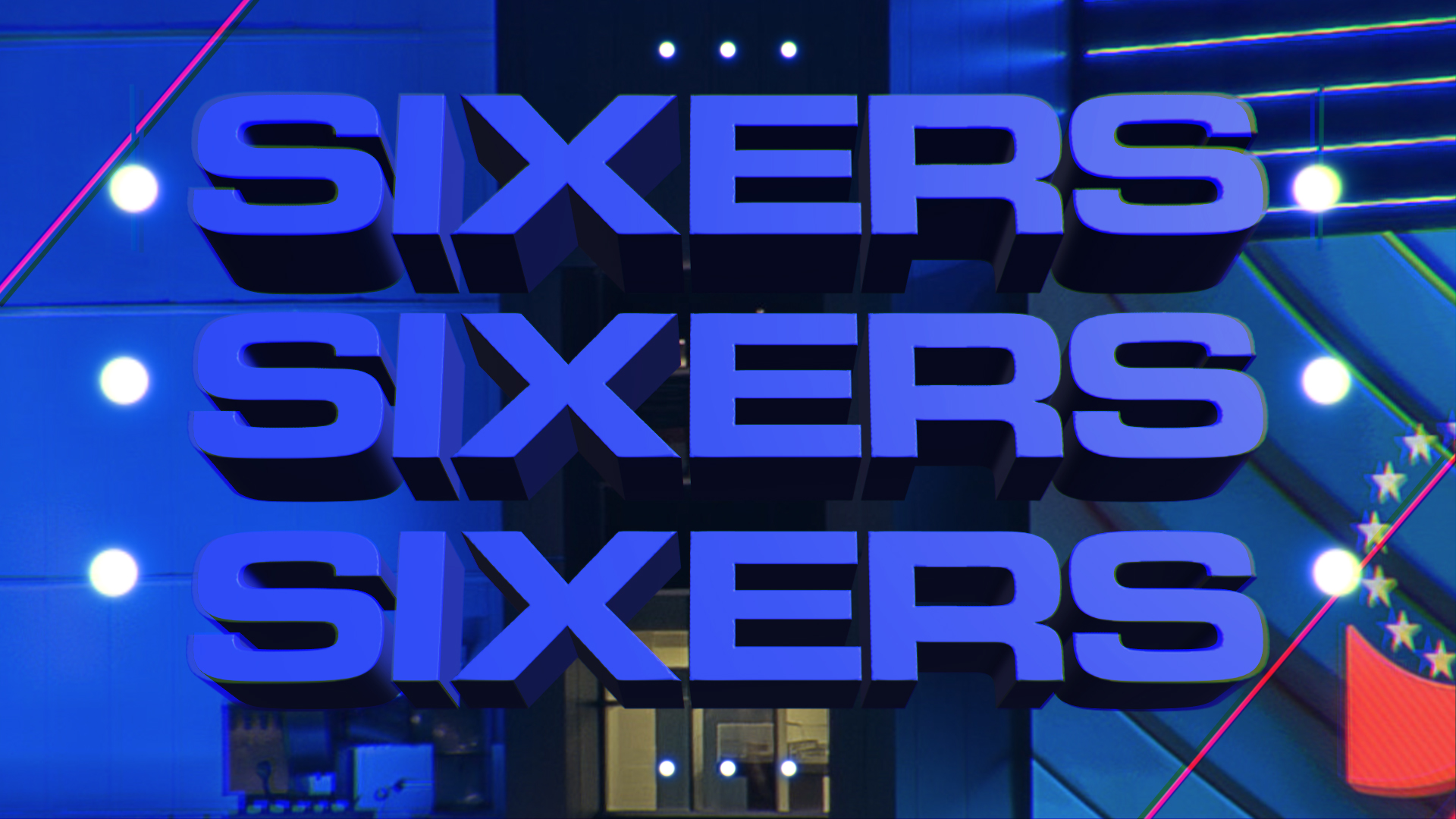 Multiple three-dimensional blue signs spelling out 'SIXERS' are suspended outdoors at night in front of a building, illuminated by surrounding lights.