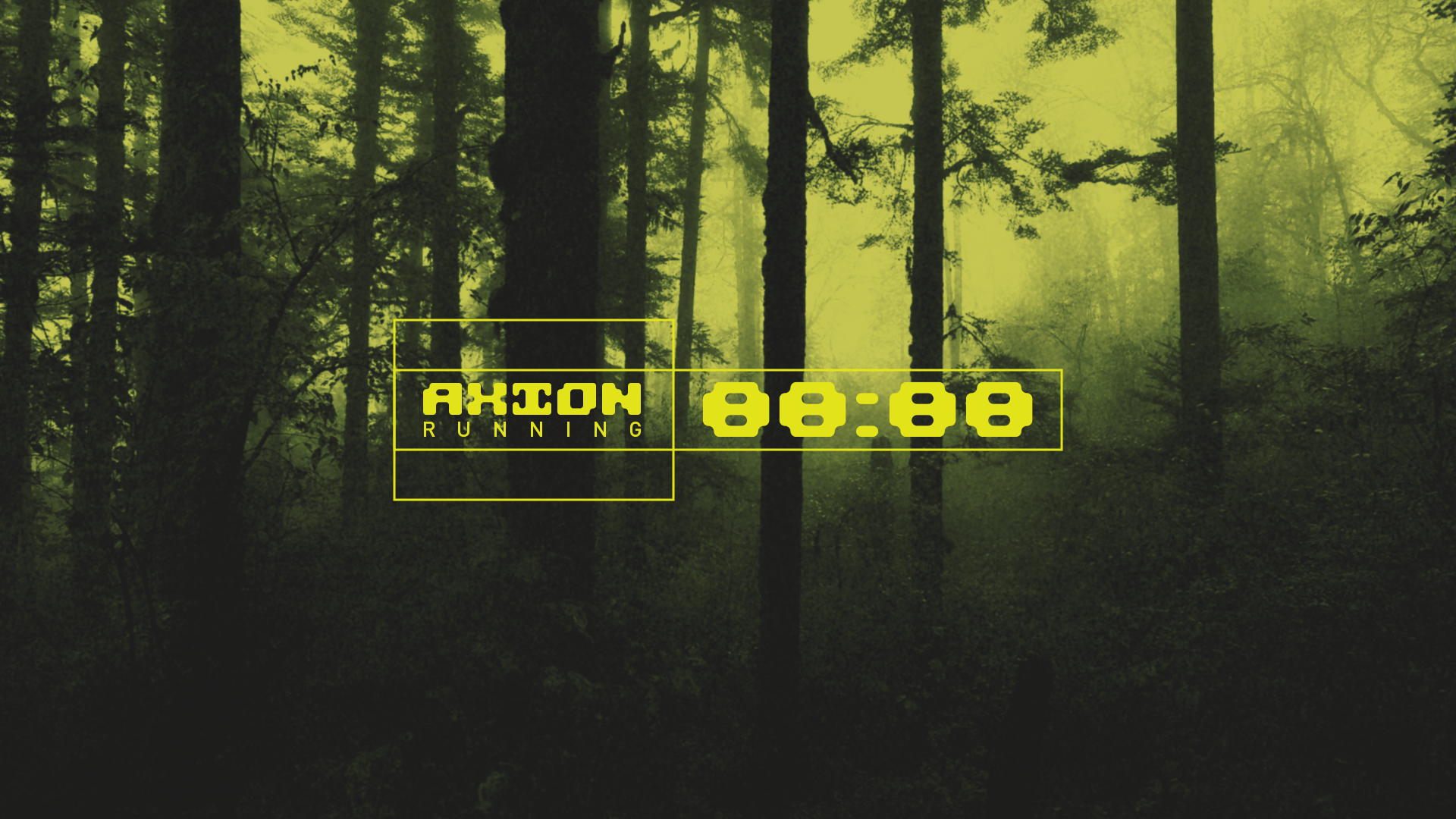 Digital forest background with yellow overlay text indicating 'AXION RUNNING' and a countdown timer displaying '88:88'.