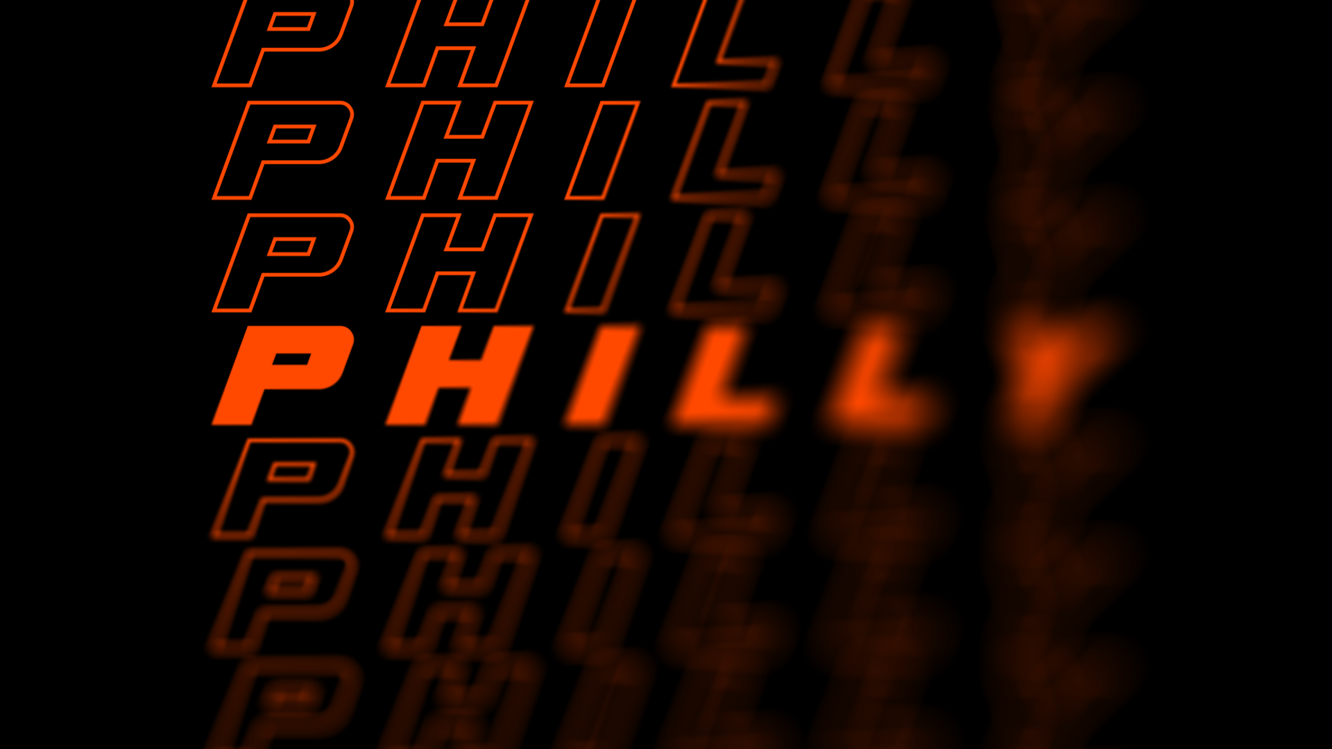 Multiple stylized orange text of the word 'PHILLIP' against a black background, with the central word in bold and the others fading into the background.