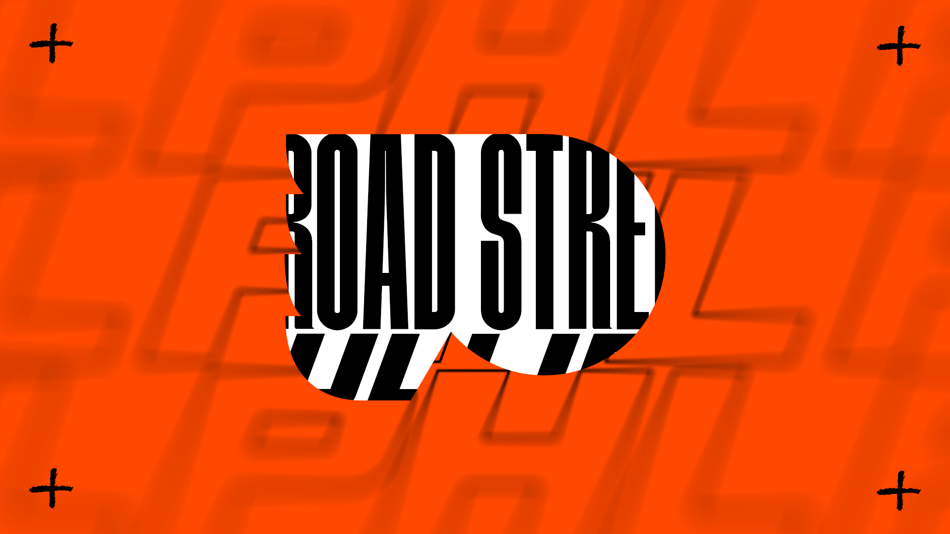 Bright orange background with black plus signs in the corners, a large speech bubble in the center with black and white distorted text saying 'SQUAD STORE'.